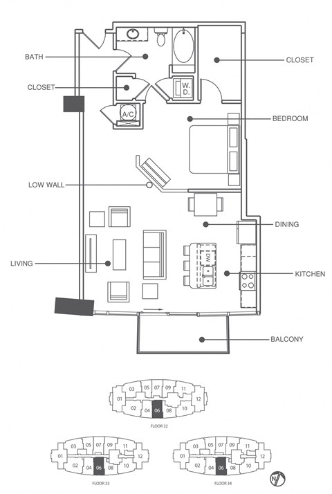 Floor plan for 1 bed, 1 bath, 865 sqft